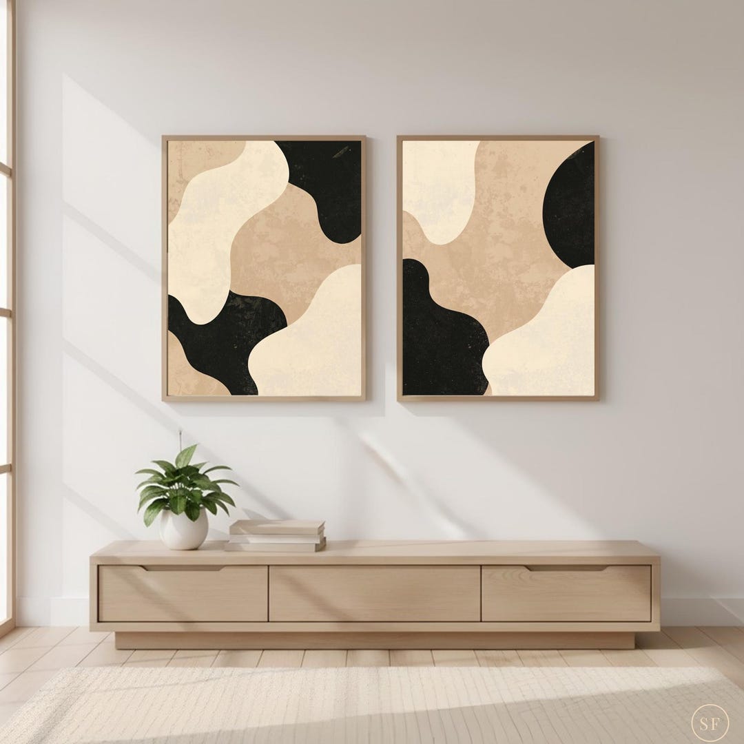 Abstract Neutral Wall Art Set of 2, Beige Black Minimalist Prints ...