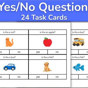 May include: A set of educational task cards titled Yes/No Questions 24 Task Cards. Each card features a question like Is this a cat? or Is this an apple? accompanied by a colorful illustration of an animal, fruit, or vehicle and yes/no boxes.