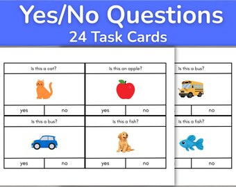 May include: A set of educational task cards titled Yes/No Questions 24 Task Cards. Each card features a question like Is this a cat? or Is this an apple? accompanied by a colourful illustration of an animal, fruit, or vehicle and yes/no boxes.