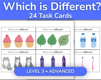 May include: A set of 24 educational task cards titled Which is Different? Level 3 Advanced. Each card features a grid of items including cupcakes, leaves, water bottles, cats, crayons, and toothbrushes, with the text Which one is different?