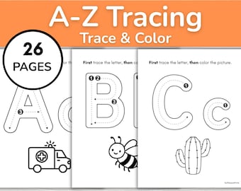 May include: A 26-page A-Z tracing and colouring activity set featuring worksheets with uppercase and lowercase letters. Each page includes numbered directional arrows for tracing letters and black and white line art of an ambulance, bee, and cactus.