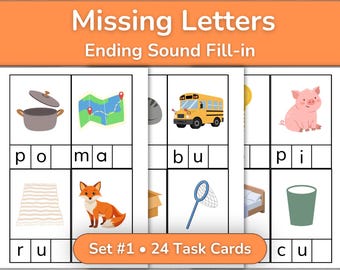 May include: Educational task cards titled Missing Letters Ending Sound Fill-in, Set #1, 24 Task Cards. The cards feature illustrations of a pot, map, bus, fox, net, pig, and cup, with corresponding letter boxes for students to complete the words.