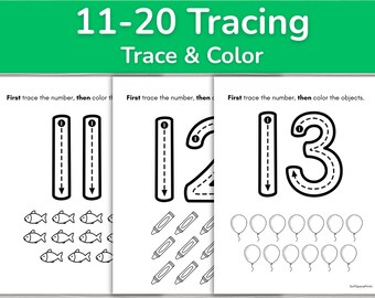 May include: Three white educational worksheets featuring black outlines for tracing numbers 11, 12, and 13. Each page includes the text First trace the number, then colour the objects, with corresponding illustrations of fish, crayons, and balloons below.