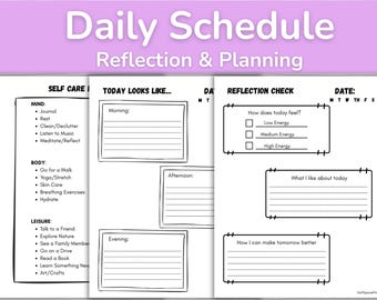 May include: A black and white daily schedule planner with sections for self-care, today's schedule, and reflection. The planner includes prompts for journaling, body care, and leisure activities. The top banner reads "Daily Schedule Reflection & Planning."