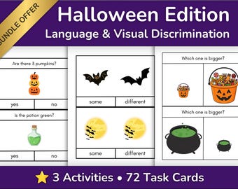May include: A Halloween Edition Language and Visual Discrimination bundle offer featuring 72 task cards. The cards display illustrations of pumpkins, bats, moons, candy buckets, and a green potion with questions like Are there 3 pumpkins?