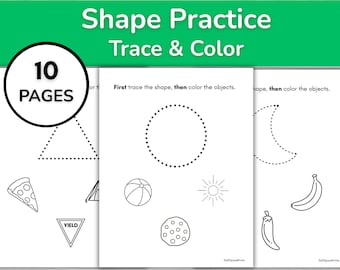 May include: A 10-page educational worksheet set titled Shape Practice Trace & Color. Each white page features black outlines of shapes and objects like a circle, triangle, crescent, pizza slice, ball, sun, cookie, banana, and pepper for tracing.