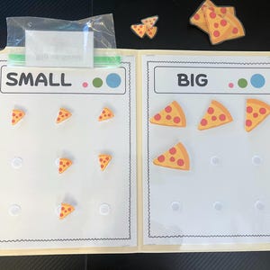May include: A learning folder with two sections labeled SMALL and BIG. The SMALL side features five small pizza slice cutouts, while the BIG side features four larger pizza slice cutouts. Additional pizza slice cutouts are placed above the folder.