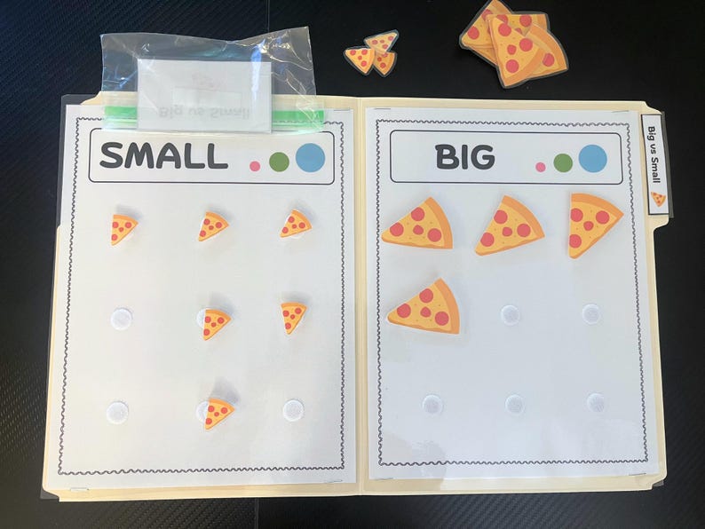May include: A learning folder with two sections labeled SMALL and BIG. The SMALL side features five small pizza slice cutouts, while the BIG side features four larger pizza slice cutouts. Additional pizza slice cutouts are placed above the folder.