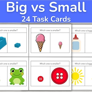 Könnte beinhalten: Lehrkarten mit dem Titel "Big vs Small" mit 24 Karten. Jede Karte zeigt zwei Bilder und fragt: "Welches ist kleiner?" oder "Welches ist größer?" Beispiele sind ein blauer Baustein, ein Eis und ein Frosch.