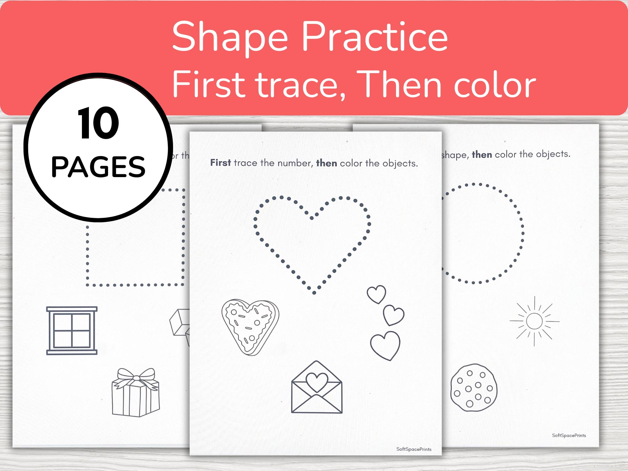 Trace & Color Shapes Worksheets for Kids | 10-page Printable PDF - Etsy