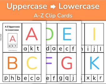 May include: Educational clip cards featuring uppercase letters in various colours paired with lowercase letter options. The cards display the text Uppercase to Lowercase A-Z Clip Cards and include individual letter cards with a cover card showing A, a, k, t.