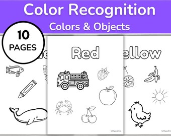 May include: A 10-page educational printable set titled Color Recognition Colors & Objects. The pages feature black and white line art illustrations of various items including a fire engine, strawberry, apple, cherry, crab, fish, whale, and banana.