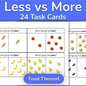 May include: A set of 24 educational task cards titled Less vs More Food Themed. Each card features two boxes with illustrations of carrots, apples, kiwis, bananas, pears, or eggplants, asking the reader to identify which group has less or more.