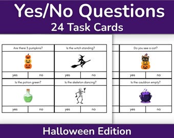 May include: A set of 24 Halloween-themed Yes/No Questions task cards on white paper. Each card features a question and a colourful illustration, including pumpkins, a witch, a cat, a potion, a skeleton, and a cauldron, with yes and no options.