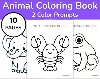 May include: An animal colouring book with 10 pages and 2 colour prompts. The cover features text reading Animal Colouring Book and 2 Colour Prompts. Inside pages show black and white line art of an elephant, a lobster, and a frog with instructions.