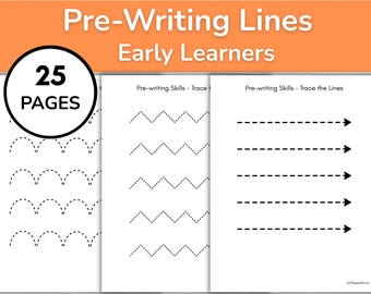 May include: A set of 25 pages of pre-writing practice worksheets for early learners. The pages feature black dashed lines in arched, zigzag, and straight patterns with arrows, titled Pre-Writing Lines Early Learners and Pre-writing Skills.