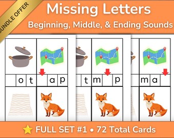 May include: Educational flashcards titled Missing Letters Beginning, Middle, & Ending Sounds. The cards feature illustrations of a pot, a map, and a fox, with blank spaces for letters, red arrows, and the text FULL SET #1 72 Total Cards.