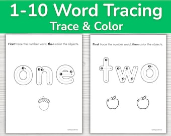 May include: Two educational worksheets titled 1-10 Word Tracing Trace & Colour. Each page features the text First trace the number word, then colour the objects. One page shows the word one with an acorn, the other shows two with two apples.
