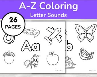 May include: A-Z Colouring book with 26 pages. The pages feature black and white illustrations of objects and letters, including an alligator, airplane, butterfly, and apple. The book is designed for learning letter sounds.