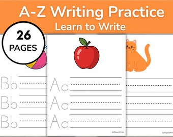 May include: A 26-page A-Z writing practice worksheet set featuring dotted letter tracing lines. The pages display illustrations including a red apple and an orange cat. The header text reads A-Z Writing Practice Learn to Write.