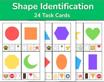 May include: A set of 24 educational task cards for shape identification. Each card features a large geometric shape in colours like red, orange, yellow, green, blue, purple, and pink, paired with smaller illustrations of real-world objects.