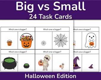 May include: A set of 24 Halloween-themed task cards titled Big vs Small. Each card features two illustrations of items like pumpkins, spiderwebs, ghosts, cauldrons, mummies, and hats, with the text Which one is bigger? above them.