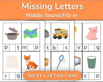 May include: Educational task cards titled Missing Letters Middle Sound Fill-in featuring illustrations of a pot, map, bus, pig, rug, fox, net, bed, and cup with corresponding letter boxes for spelling practice in a grid layout with orange headers.