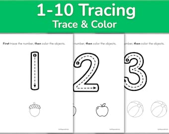 May include: Educational tracing worksheets for numbers 1-3, with dotted lines for tracing and objects to colour. The green banner at the top reads "1-10 Tracing Trace & Color". Each page has a number and a corresponding object to colour.