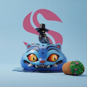 Puede incluir: Una caprichosa figura de gato azul con ojos naranjas y un pájaro con sombrero en la parte superior. Una pequeña maceta con follaje verde y flores rosas está cerca. El fondo presenta una letra "S" rosa sobre un fondo azul claro.