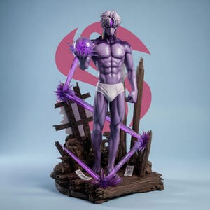 May include: A purple figurine of a muscular character holding a glowing orb, with white briefs. The figure stands on a wooden base with purple energy beams and a broken structure. The background is light blue with a pink design.