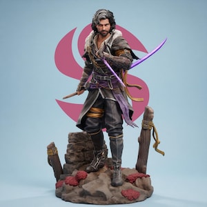 May include: A detailed figurine of a male character in fantasy attire, holding a glowing purple sword and a wooden staff. The figure is posed on a rocky base with wooden posts, wearing a dark coat, pants, and boots. The background features a stylized pink shape.