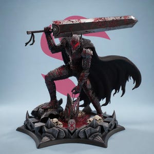May include: A detailed statue of a warrior in black armour, holding a large, blood-stained sword. The figure is posed on a base with skulls and a symbol. The warrior has a black cape and a red helmet. The statue is a collectible item.