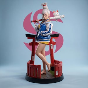May include: A figurine of a woman in a blue and white jacket, yellow shorts, and glasses, holding a baseball bat and a cat-shaped object. The figurine stands in front of a red torii gate structure, with a pink 'S' shape in the background.