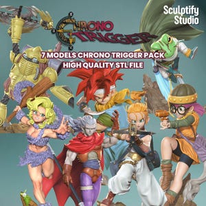 May include: A collection of seven detailed character models from "Chrono Trigger", a video game. The figures are in various action poses, with vibrant colors and intricate designs. The text "7 Models Chrono Trigger Pack High Quality STL File" is visible.