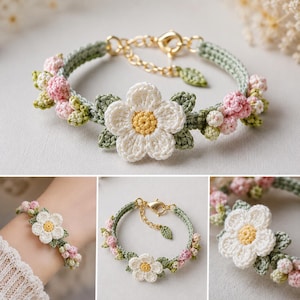 Puede incluir: Pulsera de crochet hecha a mano con una gran flor blanca con centro amarillo y flores rosas y blancas más pequeñas. La pulsera tiene una banda verde y un cierre dorado. El diseño floral es detallado y delicado.