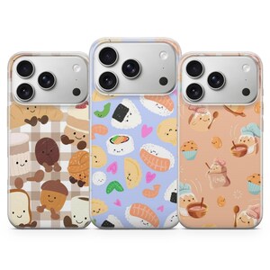 May include: Three phone cases with different food-themed designs. One case has a pattern of baked goods, another sushi, and the third features baking. Each case has a clear border and a camera cutout.