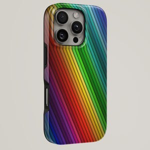 May include: A smartphone case with a vibrant rainbow design. The case features a glossy finish and a black border, with a camera cutout at the top. The colorful pattern consists of diagonal stripes in various shades.