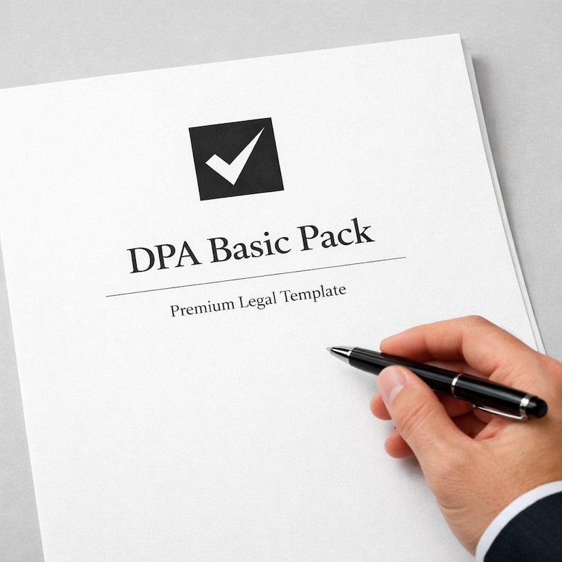 以下が含まれることがあります： 「DPA Basic Pack」と「Premium Legal Template」のテキストが書かれた白い紙を人が持っています。黒いペンが人の手で持たれ、紙の上に置かれています。上部には、白いチェックマークが付いた黒い正方形があります。