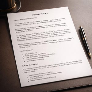 May include: A printed "Cookie Policy" document with black text on white paper, with a black and gold pen resting on a dark brown surface. The document details website cookie usage.