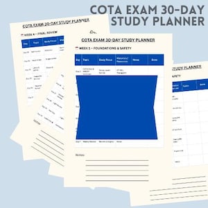 May include: Several study planner sheets with the text "COTA EXAM 30-DAY STUDY PLANNER" in a light blue background. The sheets have blue and white tables with topics and notes sections. The sheets are for exam preparation.