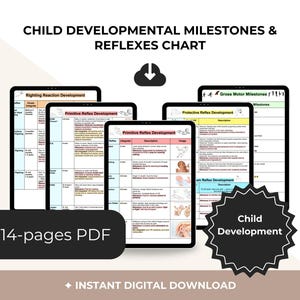 May include: A digital chart titled "Child Developmental Milestones & Reflexes Chart" displayed on several tablets. The chart includes information on righting reaction, primitive reflexes, and gross motor milestones. The image also includes the text "14-pages PDF" and "Instant Digital Download."