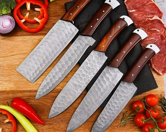 Juego de cuchillos de chef de acero de Damasco hechos a mano, cuchillos de cocina forjados, 5 piezas