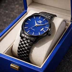 May include: A black wristwatch with a blue face, displayed in a blue box. The watch has a black metal strap and a date display. The watch face features silver hands and markers, with the word "QUARTZ" printed on the face.