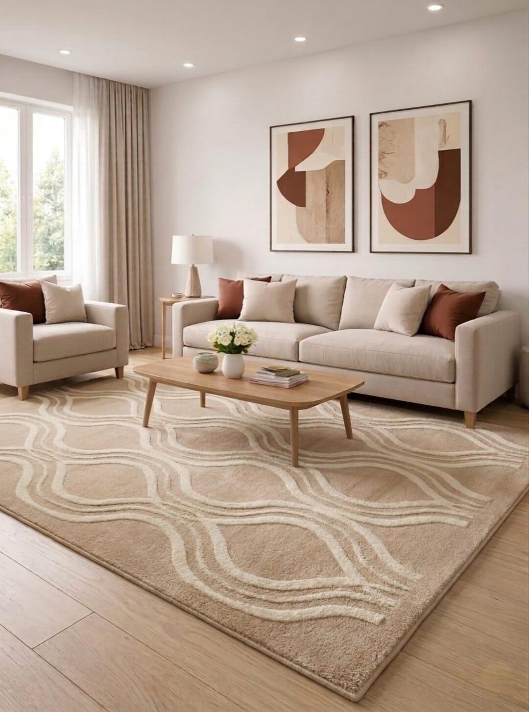 Hand Tufted Beige Wool Rug, Modern Geometric Area Rug, Neutral Living ...