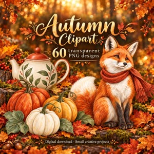 Herbst-Clipart-Bundle – 60 Waldtier-, Kürbis- und Pflanzenmotive für Karten und Geschenkanhänger