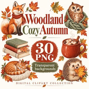 Könnte beinhalten: Eine digitale Clipart-Sammlung mit dem Titel Woodland Cozy Autumn, bestehend aus 30 PNG-Dateien mit transparentem Hintergrund. Das Set enthält einen Fuchs mit Schal, eine Eule in einem Stricktuch, Bücher, einen Becher, eine Katze und einen Igel.