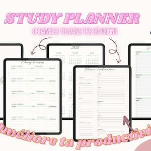 Peut inclure: Un planificateur d'étude numérique avec un design rose et blanc. L'image présente plusieurs tablettes affichant des pages de planificateur, un calendrier et le texte "Study Planner" et "Améliore ta productivité."