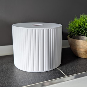 Könnte beinhalten: Ein weißer, zylindrischer Taschentuchbox-Bezug mit vertikalen Rillen. Oben befindet sich eine kleine, runde Öffnung. Rechts befindet sich eine kleine Holzschale mit einer grünen, belaubten Pflanze. Die Objekte stehen auf einer dunkelgrauen Oberfläche.