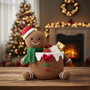 May include: A crocheted gingerbread man basket with a red and white Santa hat, green scarf, and a red bow tie. The basket is filled with small wrapped gifts. The gingerbread man has a smiling face and is sitting on a wooden surface.