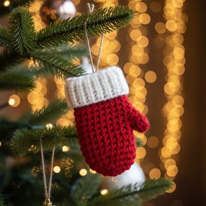 May include: A small, crocheted mitten ornament featuring a vibrant red body and a thick, white ribbed cuff. The mitten is suspended by a thin, natural-colored twine loop, designed for hanging on a branch of a green pine tree.